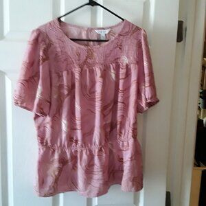 NWT Nine West Pink/Gold Printed Peplum Elastic Waist Short Sleeve Blouse XXL
